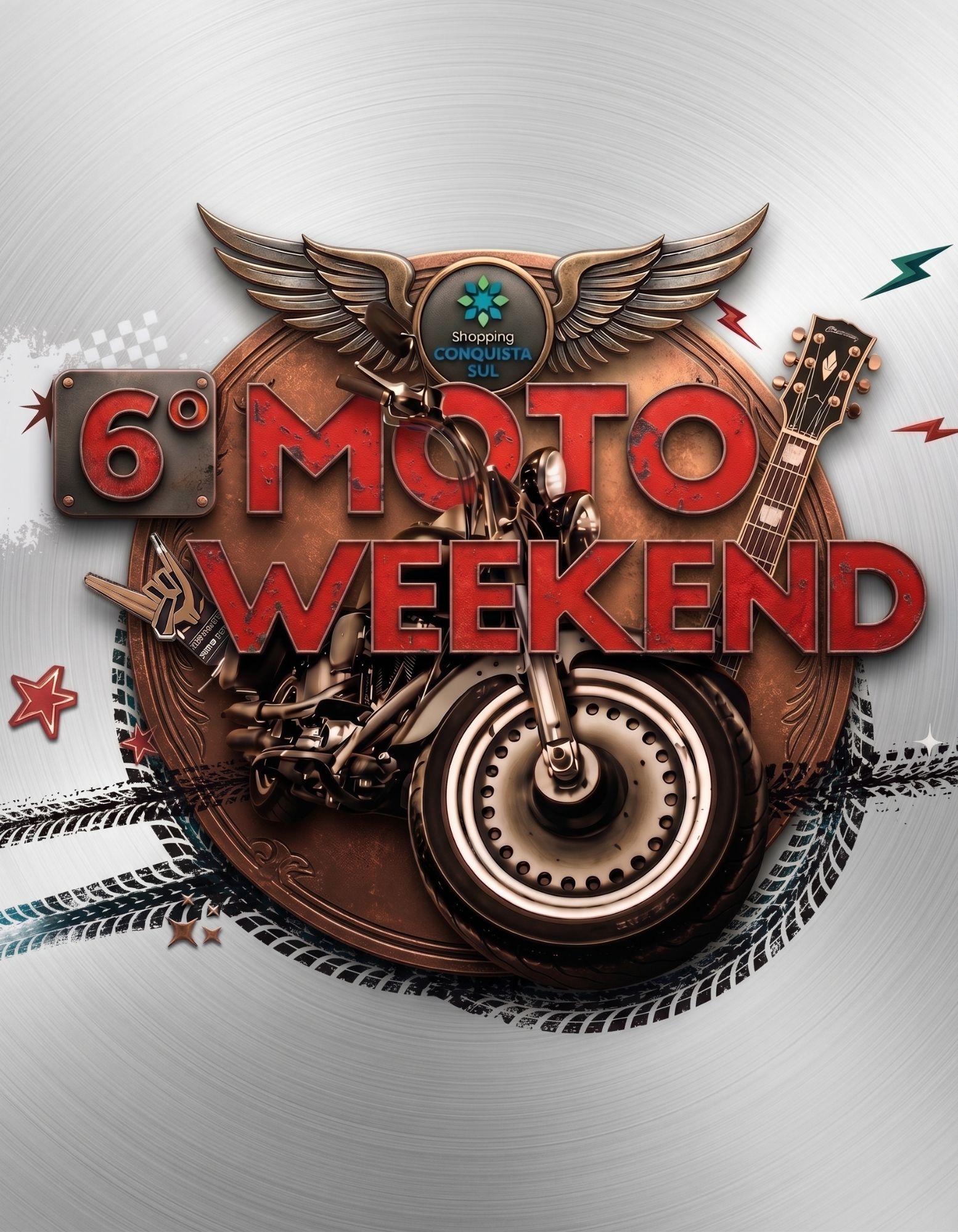 Arte oficial do 6º Moto Weekend: moto custom, asas e guitarra sobre medalhão de cobre